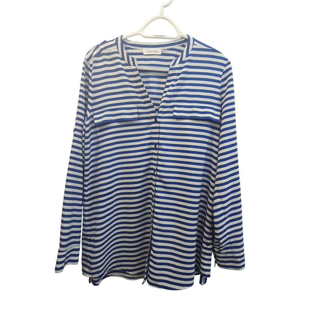 Calvin Klein‎ Women's Blue White Stripe V Neck Long Sleeve Button Up Shirt Top